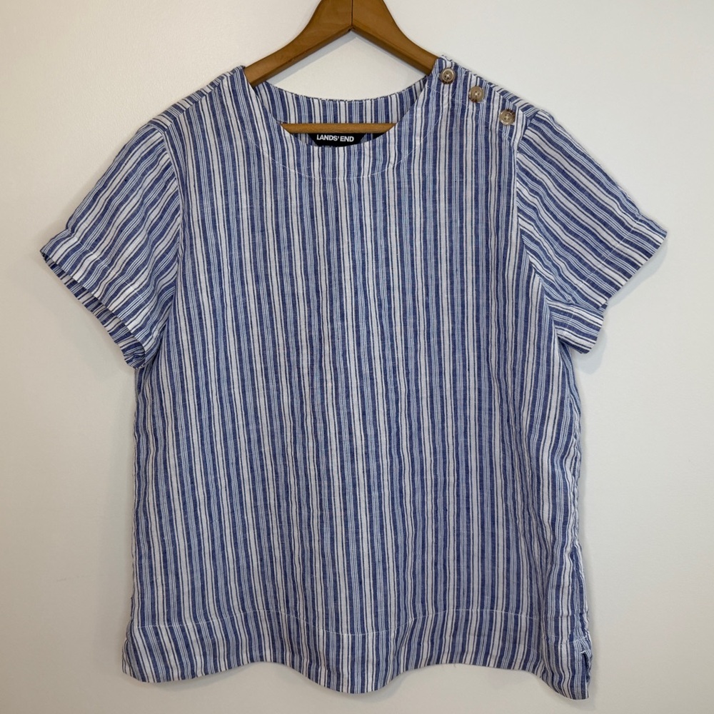 100% Linen Blue White Stripe Top Coastal Grandma Nautical Summer Boxy Relaxed M